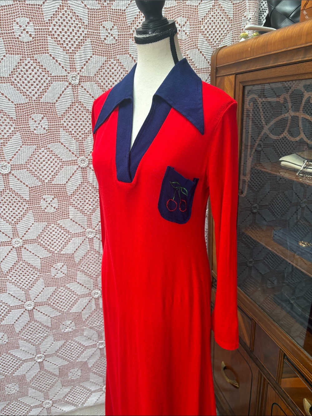 Women's Red Maxi Dress with Navy Collar - Picture 10 of 11